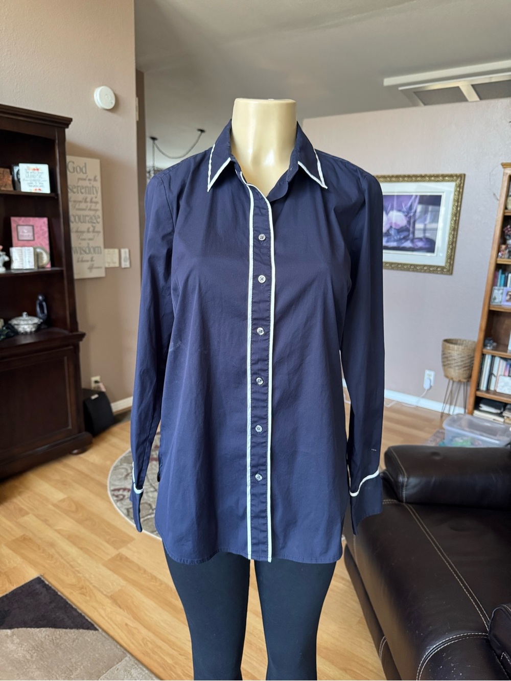 Ann Taylor navy button down blouse with white piping-size 12